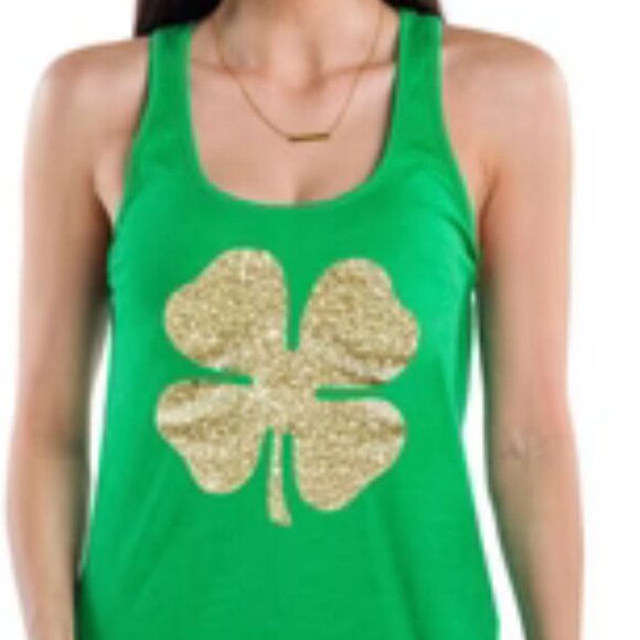 st. patrick tipsy elves Womens Racerback Tank Top Gold Glitter Shamrock Print - Picture 1 of 6